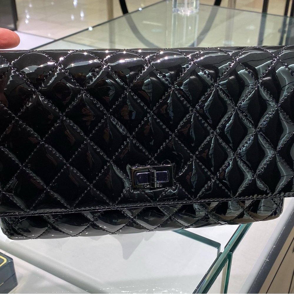 CHANEL Black Quilted Patent  Leather 2.55 black hardware clasp black Interior